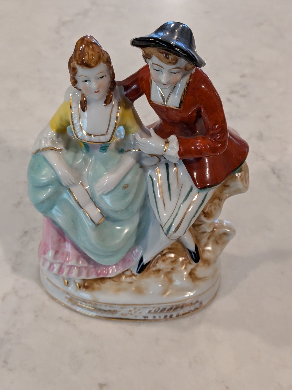 Vintage  1940s Occupied Japan Porcelain Victorian Couple Figurine 7" Gold Accen